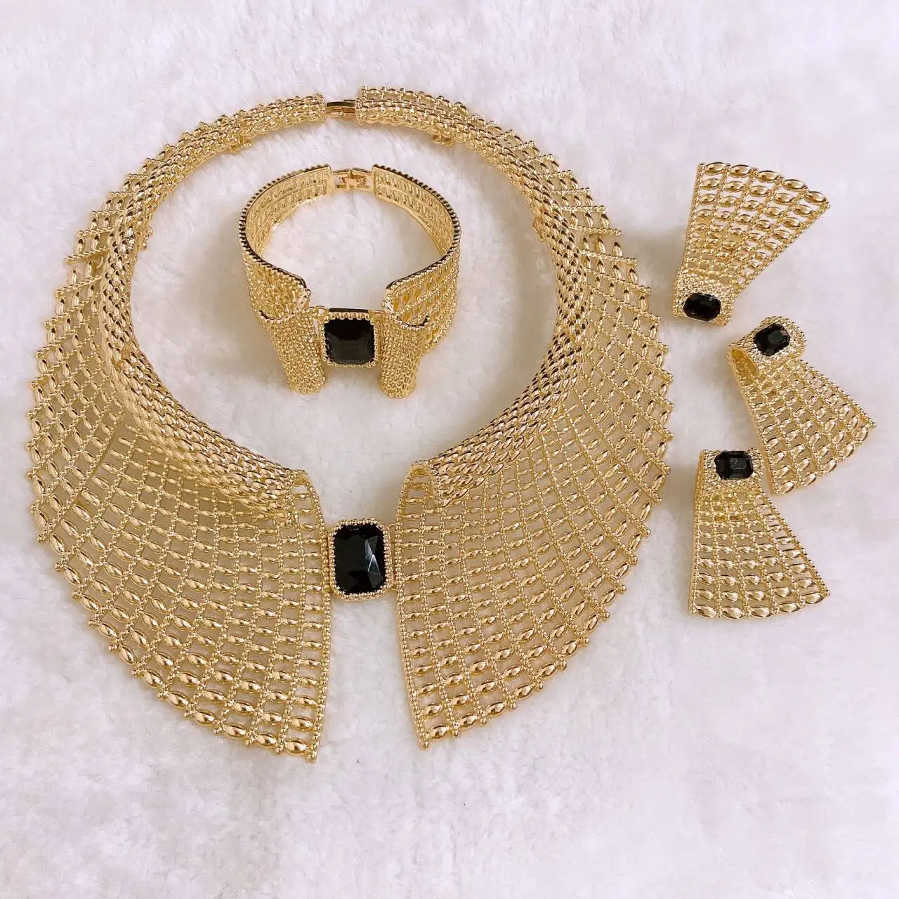 

High Quality Gold Plated Italian Jewelry Set with Gem for Women Necklace Earrings Bracelet Ring African Party Accessories