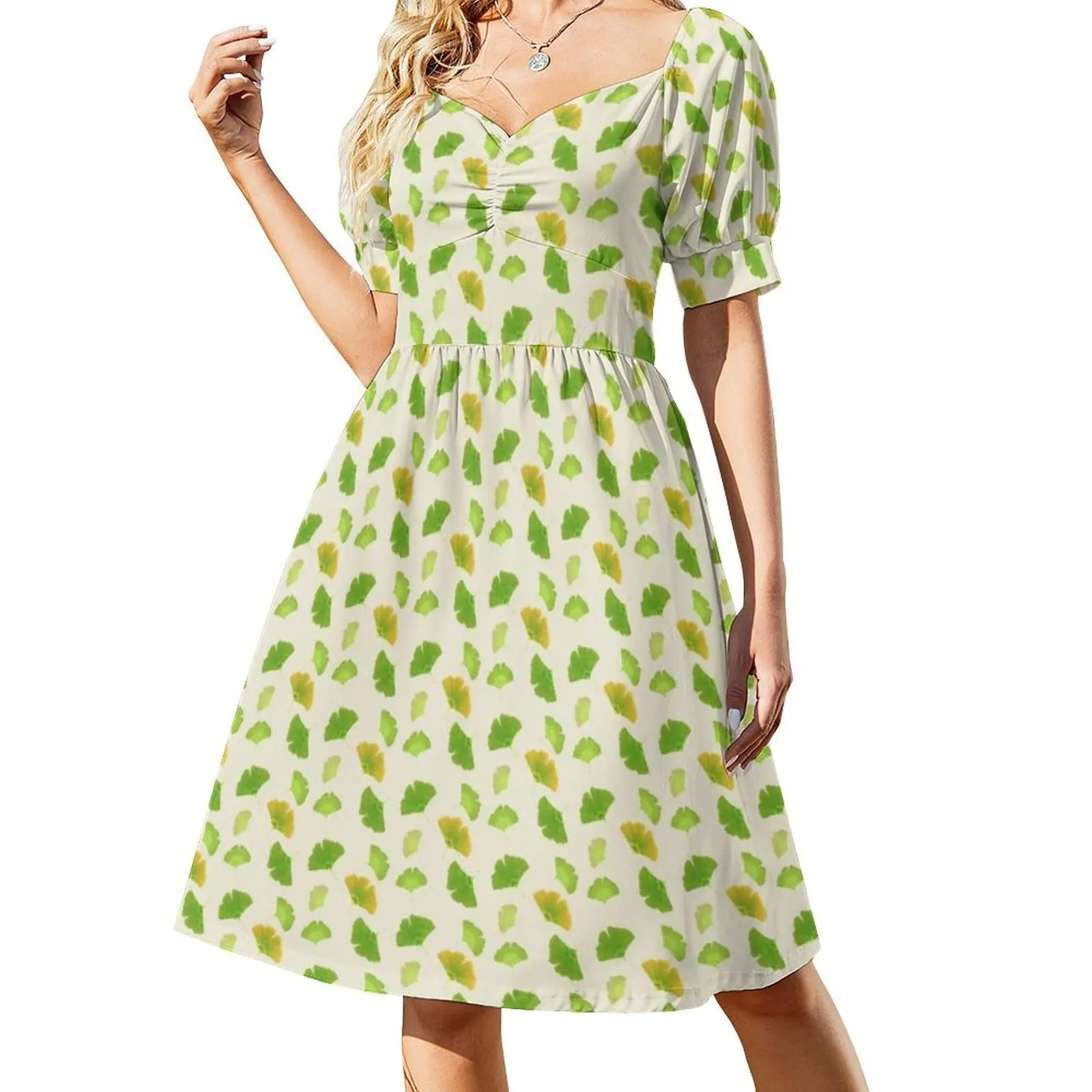 Leaves Of Ginkgo Biloba Bohemian Sleeveless Dress Multi-Print Beach Vacation Party Dress Ginkgo Gingko Ginko Biloba Botanic