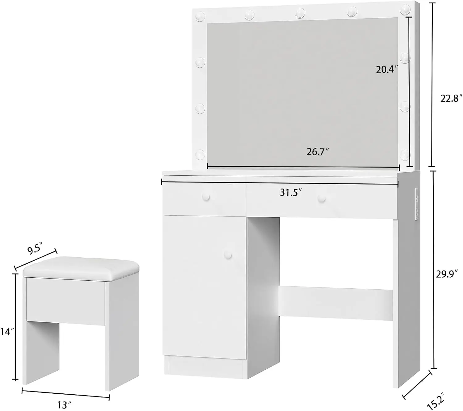 White Makeup Vanity Desk with Lighted Mirror and Storage Chiar Set | 11 LED Light Bulbs, 3 Lighting Modes, Built-In Charging