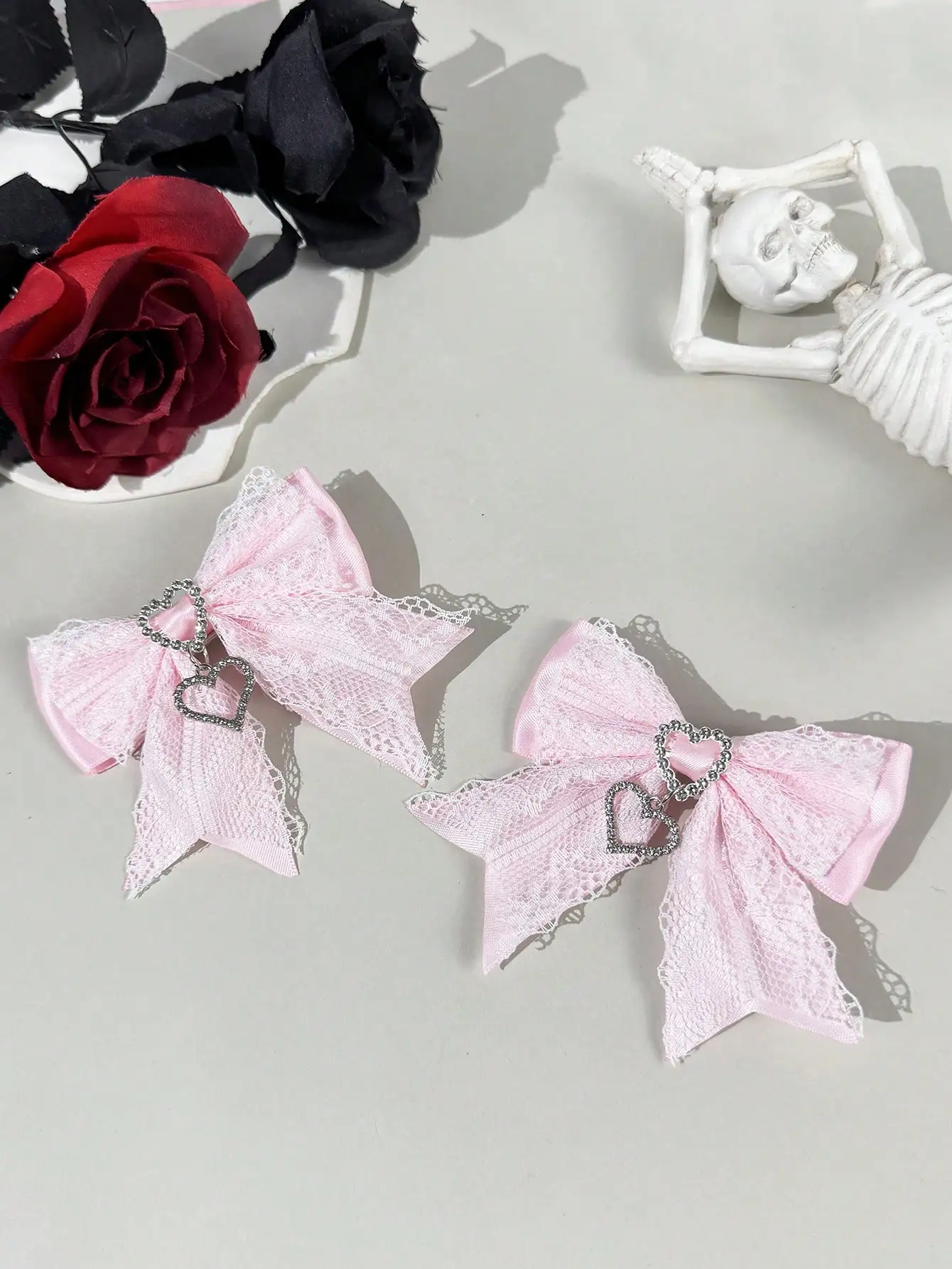 Two-piece set of women's street-style youthful sweet-cool lace ribbon rhinestone accessory bow hair clip, suitable for any scene - view 4
