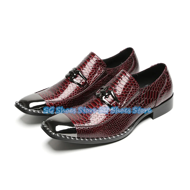 

Snakeskin Leather Metal Decoration Loafers for Men British Style Square Toe Chunky Heel Shallow Derby Shoes Male Casual Shoes