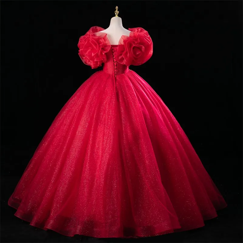 Sonhar Vestidos Red Quinceanera Dresses Luxury Puff Sleeve Prom Dress Classic V-neck Ball Gown Modern Fromal Gown New