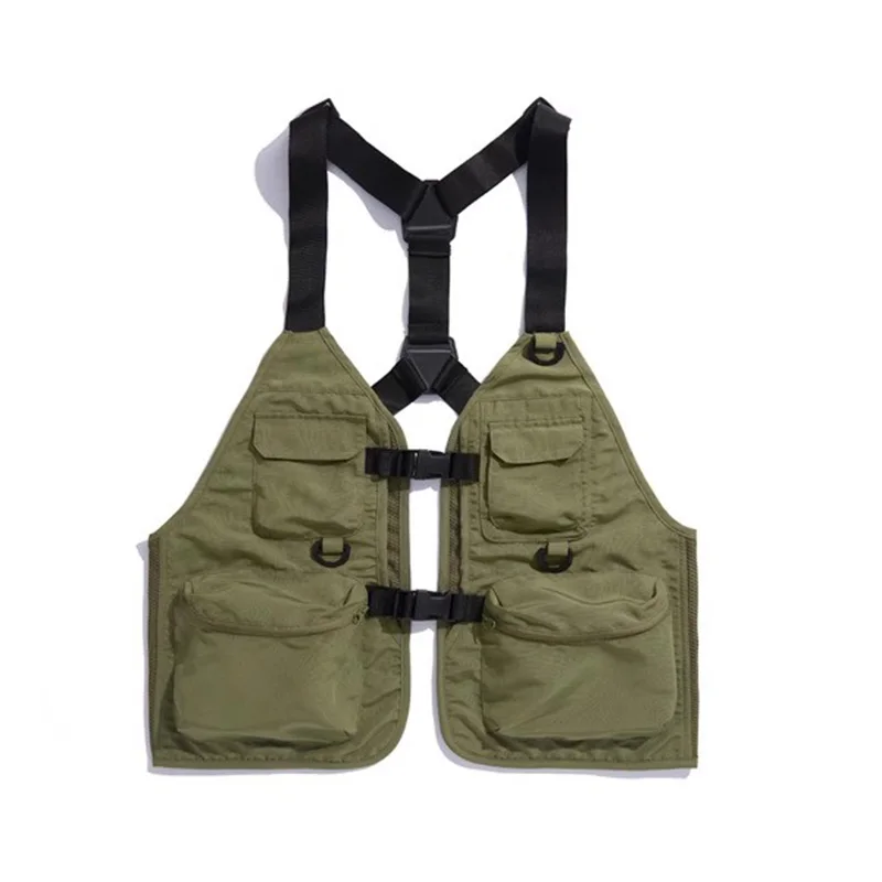 Amekaji Japan Style Men Vest Designer Waterproof Buckle Up Placket Tactical Waistcoat With Suspender