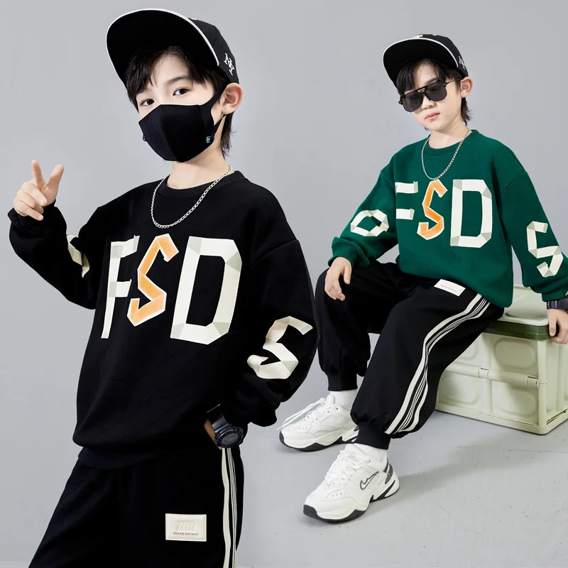 New Autumn Spring Kids Fashion Clothes Outfits Boys Letter T-Shirt Black Pants 2pcs/Set Children Costume Teen Sportswear 12 14 Y