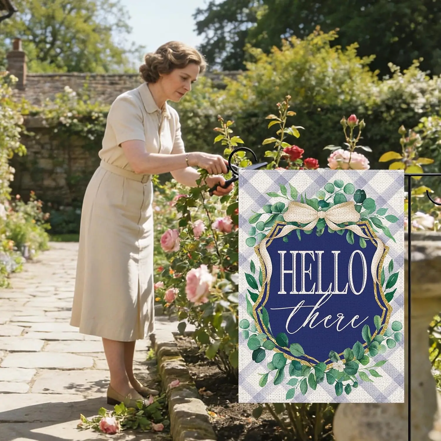 Hello There Decorative Garden Flag, Eucalyptus Leaves Bow Plaid Pastoral Small Yard Outside Decorations, Farmhouse Rustic Bo AAS