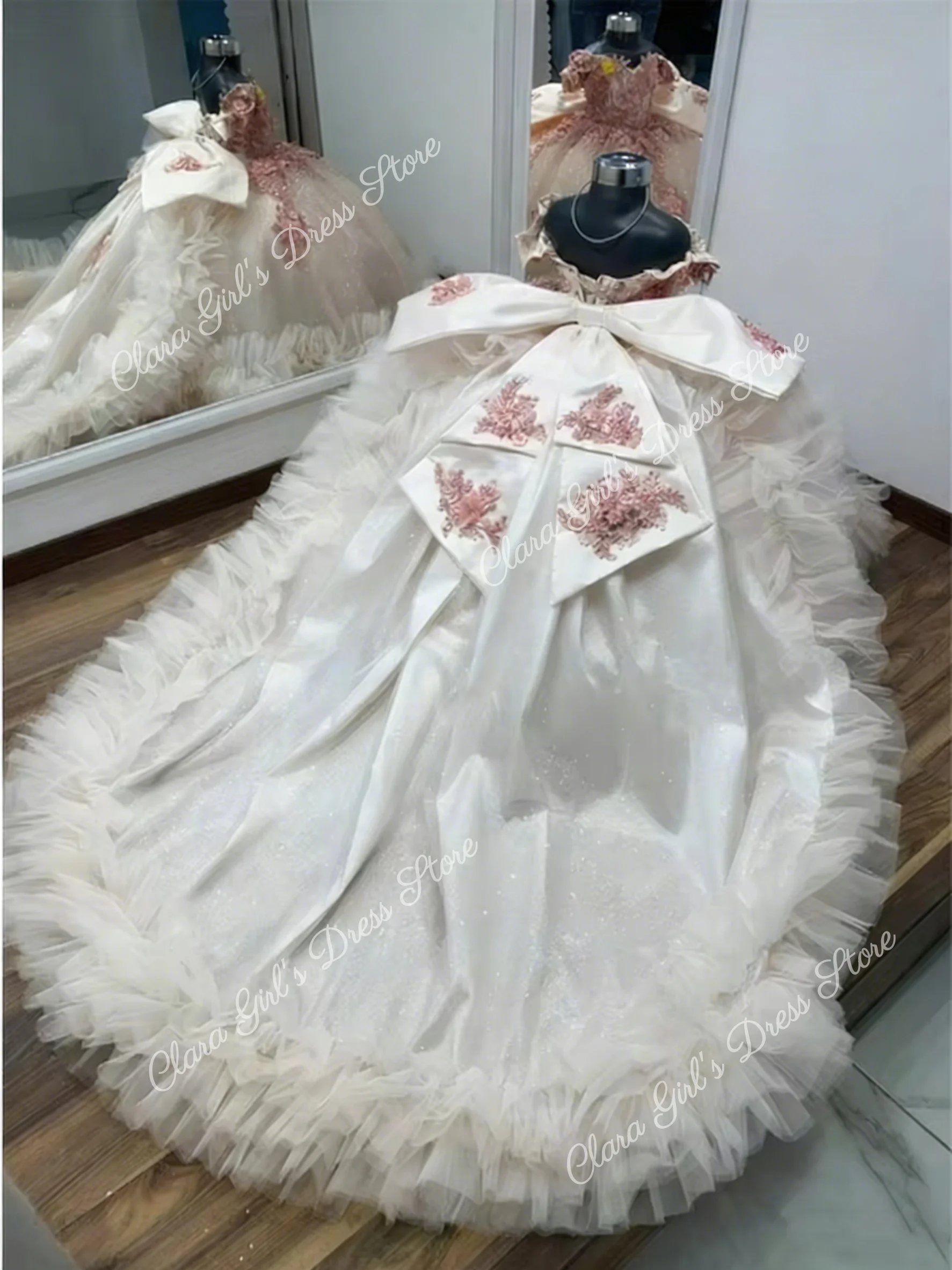 Kwaliteit licht champagne bloem meisjesjurk tule pluizig met applique voor trouwjurken kinderverjaardag avondjurken