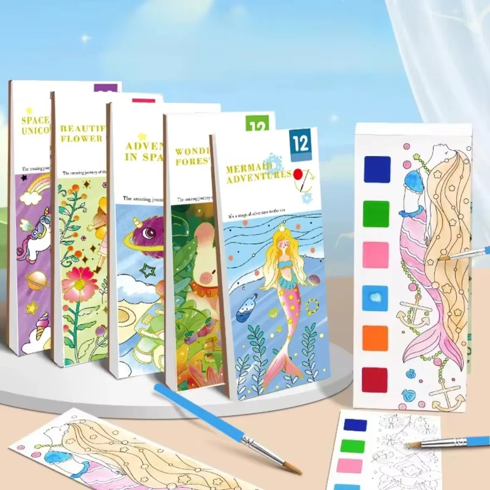 Portable Watercolor Painting Book 12 Sheets Coloring Book with Brush Kids Gouache Paper Graffiti Picture Drawing Toys Stationery