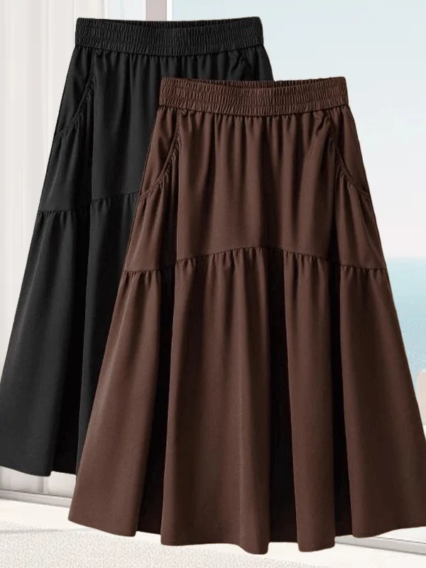 High Waist Black Pleated Long Skirt plus Size Women's Dress Paneling Conceals Hip Flattering Design Citywalk Polyester Fiber