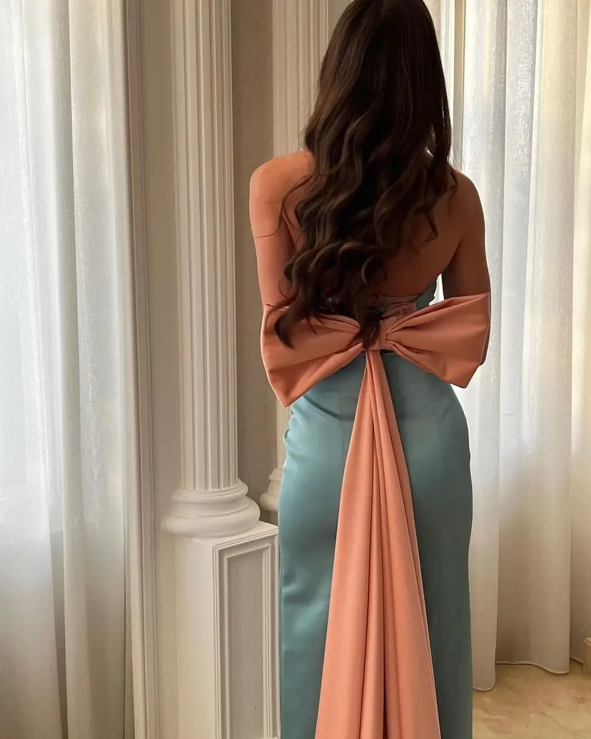 Fashionvane Special Occasion Women Wear Strapless Prom Dresses Mermaid Long Maid of Honor Party Gown Big Bow Train Evening Dress