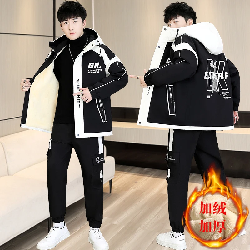 

Winter New Men's Sports Set Casual Pants Hooded Sweater Youth Large Thickened Warm Cardigan Two Piece Set