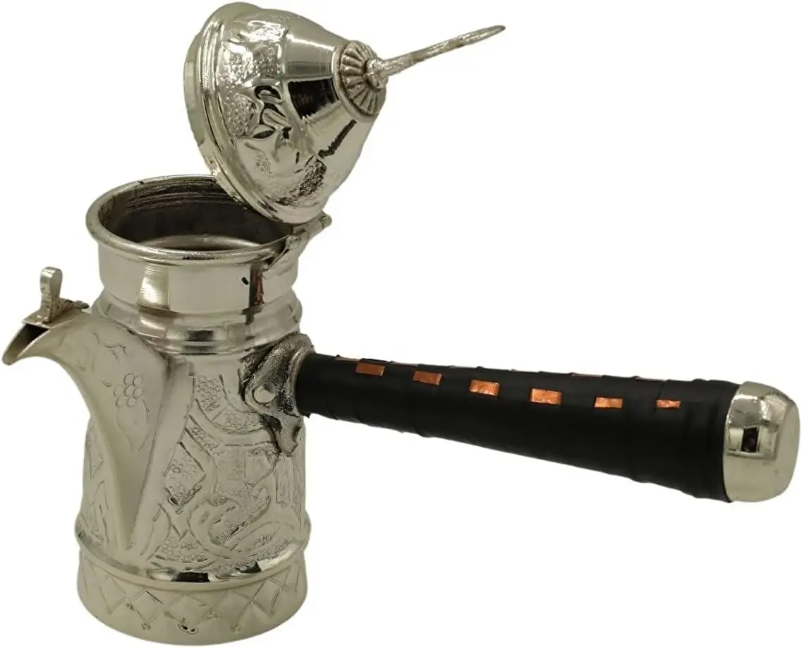Silver Plated Embossed Copper Mirra Cezve 20cm Traditional Turkish Coffee Pot Gümüş Size One Size