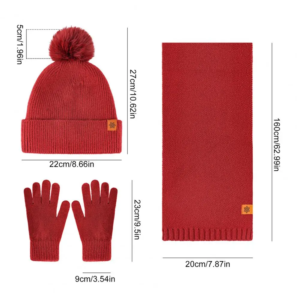 Touchscreen Gloves Winter Set 3pcs Women Winter Hat Scarf Gloves Set Double-layer Velvet Plush Ball Protection for Ski
