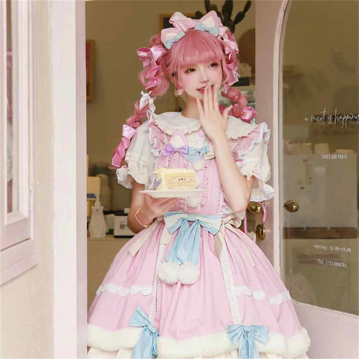 Japoński słodki styl Cosplay Lolita Op Kawaii dla dziewcząt kołnierz piotruś Pan słodkie włosy wzburzyć wstążka kokardka puszyste Hem kobiety sukienka