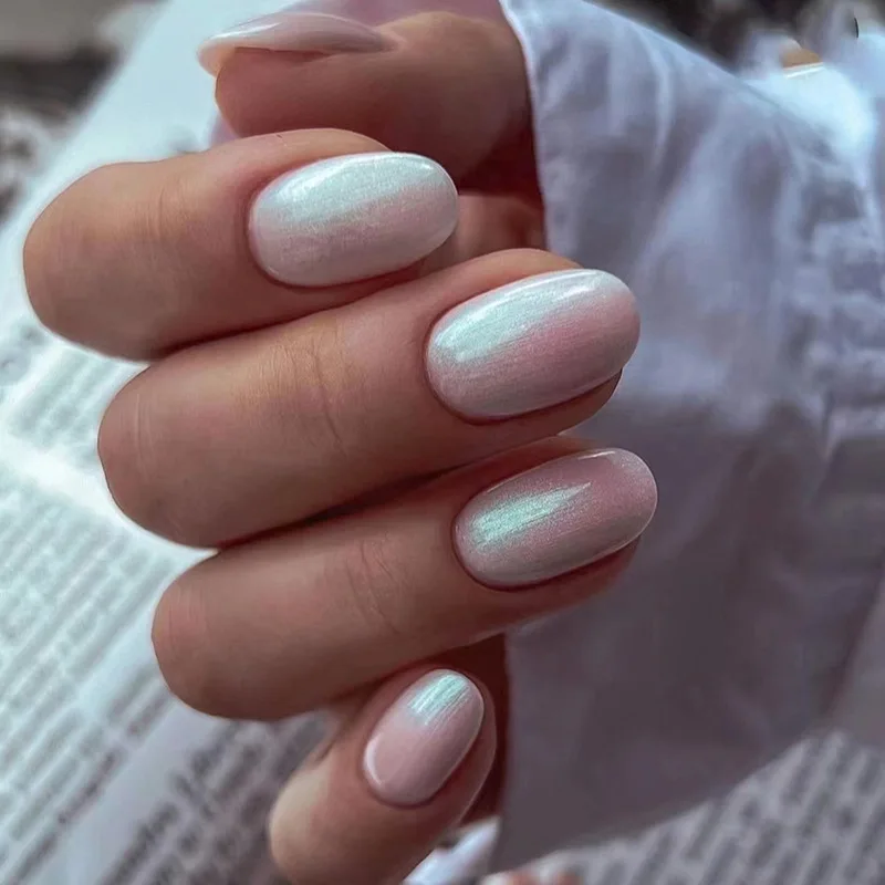 24 stuks gradiënttips kunstnagels druk op glanzend poederontwerp korte amandelnagels draagbaar effen kleur nepnagel afgewerkte manicure