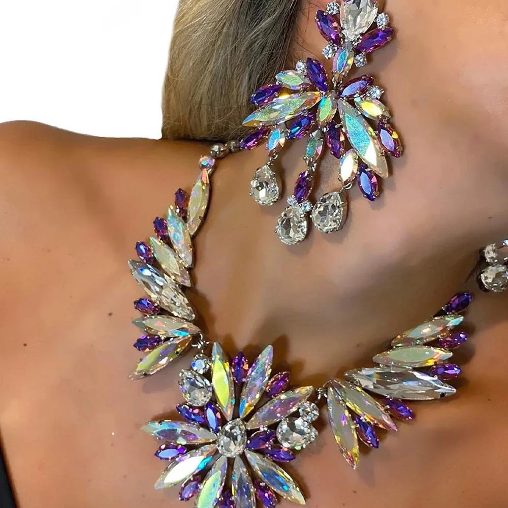 Exaggerated Flowers AB Crystal Necklace Earrings Set for Women Summer Party Statement Rhinestones Jewelry Set 2023 Accessories