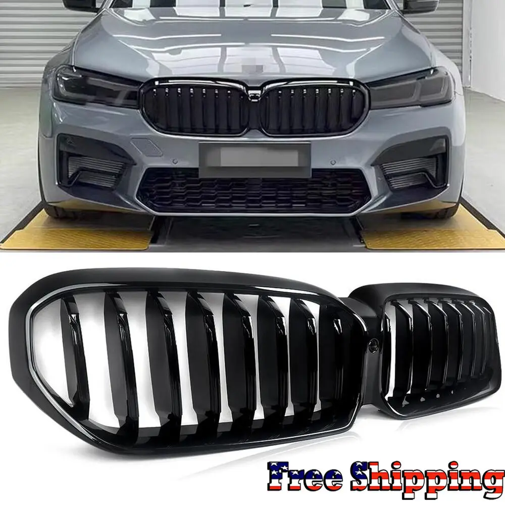 For 2021-2023 BMW G30 G31 5 Series Front Bumper Hood Grille Grill Glossy Black