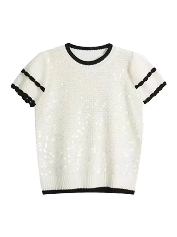 Ronde Hals Pullover Met Contrasterende Ruches En Pailletten, Dames Zomer Super Mooie T-Shirt Top Met Korte Mouwen Xfd3