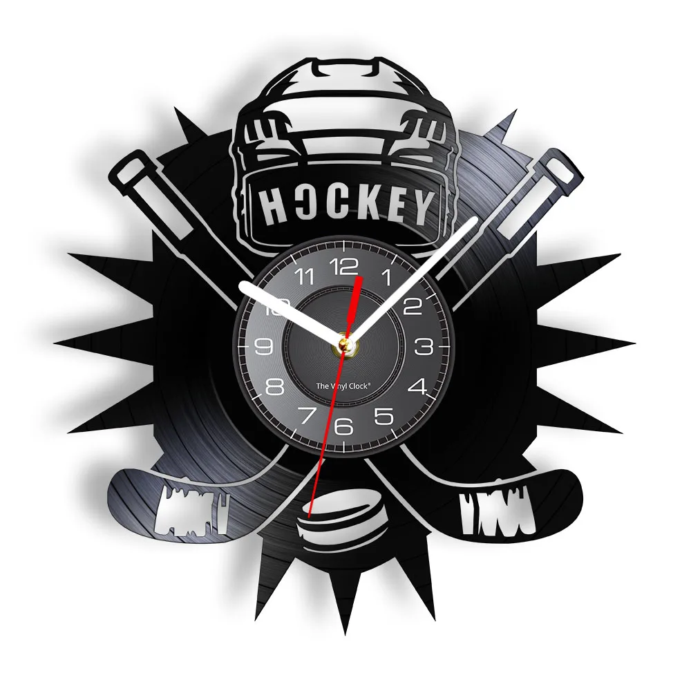 Hockey Man Cave Wall Decor Clock Watch Hockey Club Team Logo Hockey Sticks and Puck Vinyl Record Wall Clock Hockey Fans Gift