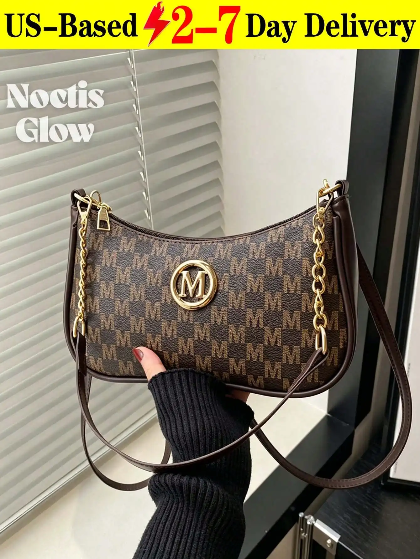 Bolso clásico de moda de PU impermeable con diseño de letras M y cadena de metal, bolso cruzado para el hombro, bolso para debajo del brazo, bolsos de mano, bolsos y carteras para mujer, adecuados para ir de compras, llevar a diario, estudiantes, mujeres jóvenes y mujeres de oficina. Perfecto para oficina, universidad, trabajo, B