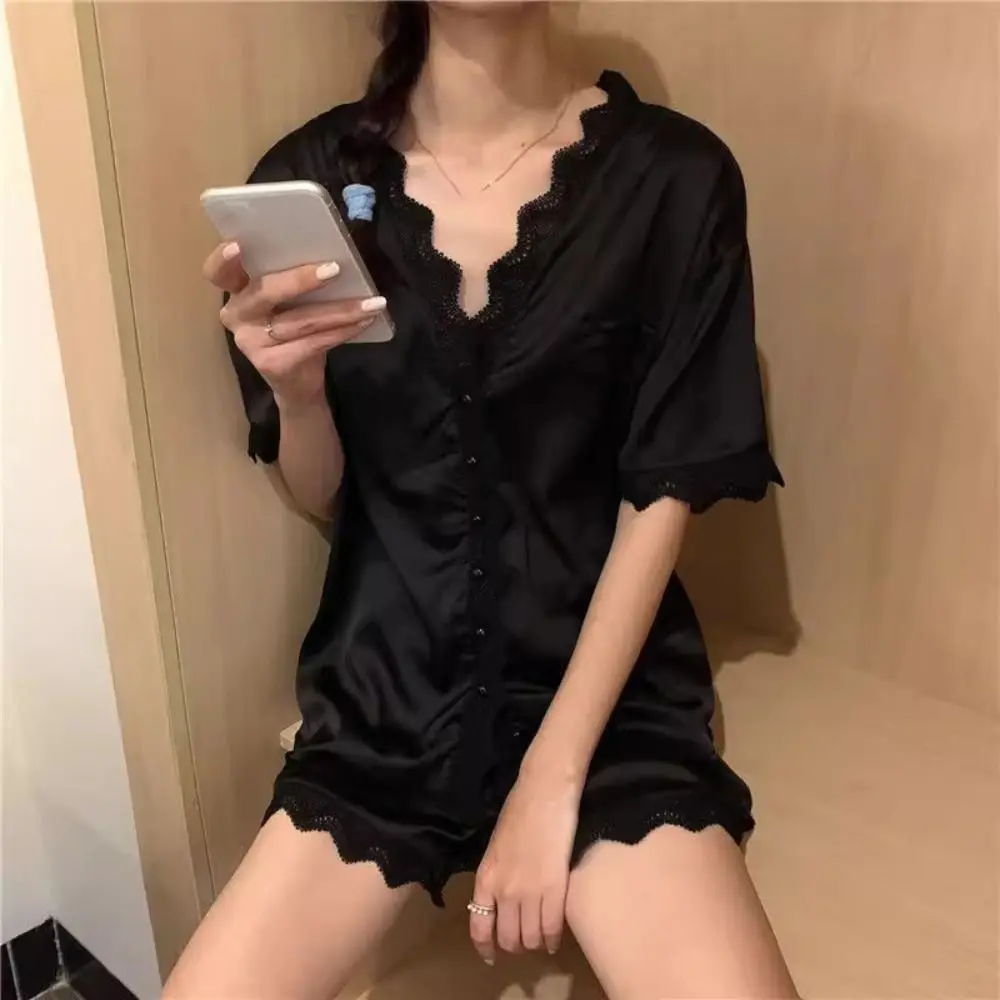 

Ice Silk Lace Pajama Suit Loose V Neck Sweet Short Pajamas Women Sleepwear Short-sleeve Two Pieces Sleepwear Sets Summer