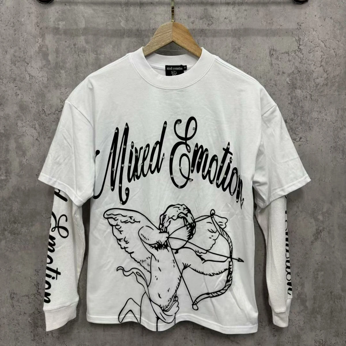 

Autumn Angel Rhinestone Long Sleeve Tshirts for Men Brilliant Diamond Streetwear Cotton Loose Crew Neck Top Tees Oversized