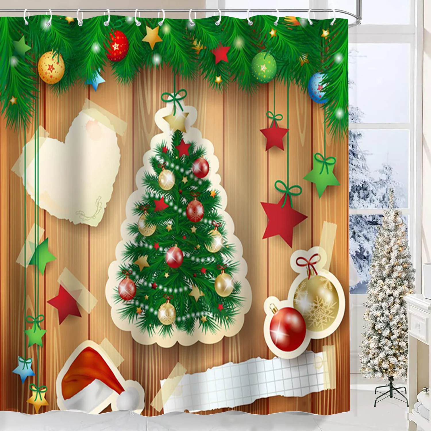 Merry Christmas Snowy Reindeer Bathing Curtain  Bathroom Shower Curtain Waterproof With 12 Hooks Home Deco  Free Ship