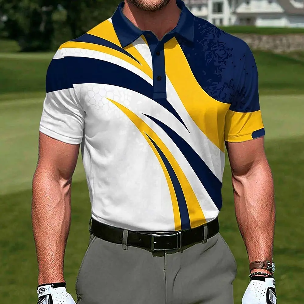 Camisa polo con estampado de rayas abstractas en azul marino, amarillo y blanco para hombre, tops informales para primavera y verano, para golf, deportes, uso diario y ropa de calle.