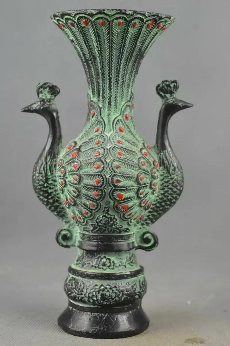 

Collectible Handwork Old Bronze Carving Peacock Auspicious Vase