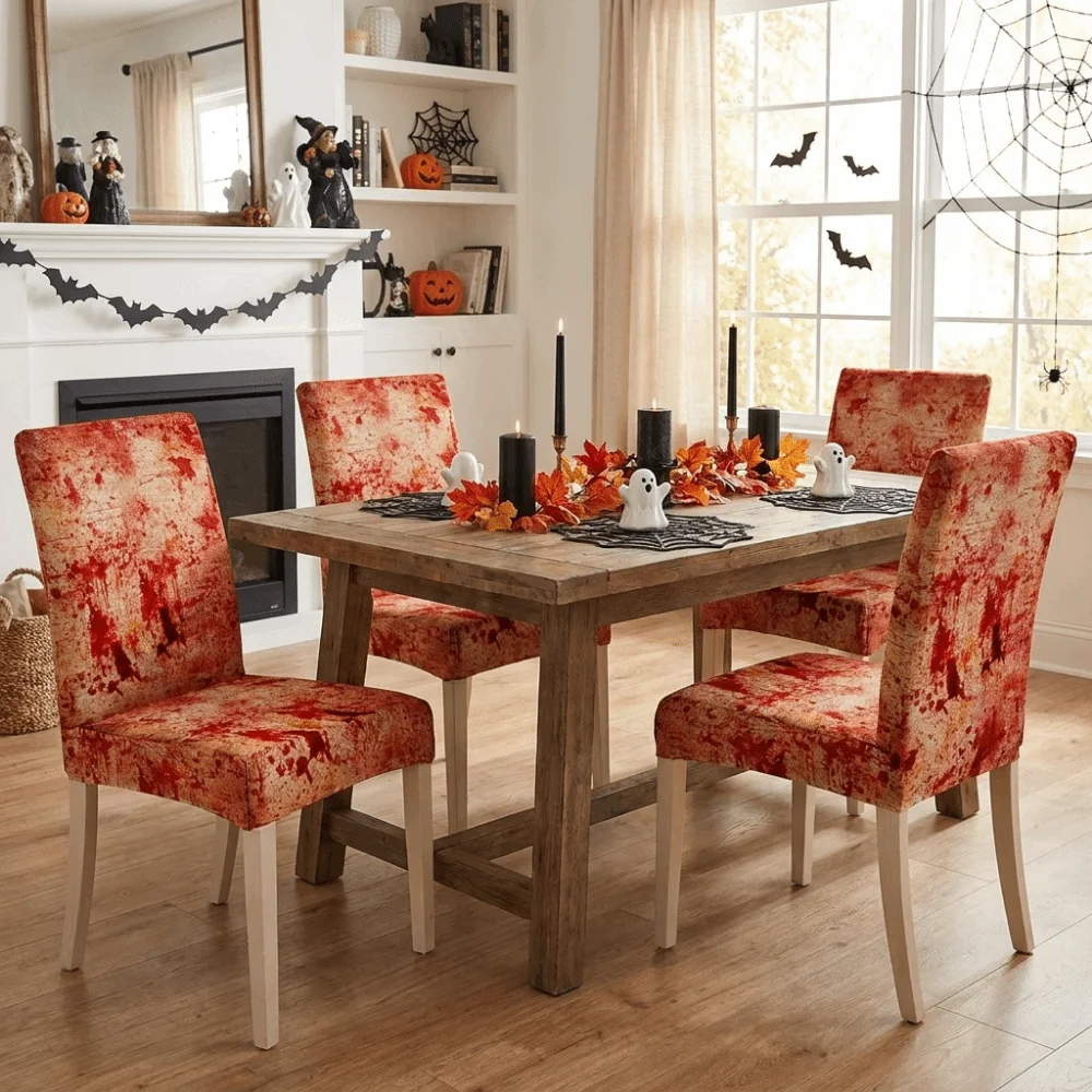 Full Cover Halloween Chair Covers Vintage Decorative Spooky Ghost Chair Protector Dust-proof Bloody Handprint Chair Cover