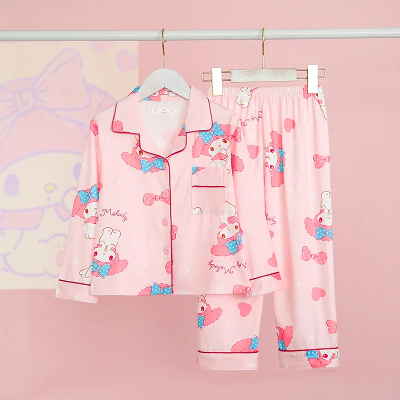 

Kawaii Sanrio My Melody Kuromi Cinnamoroll Kids Long Sleeve Y2k Pajamas Cartoon Anime Thin Cardigan Cotton Casual Sleepwear Set