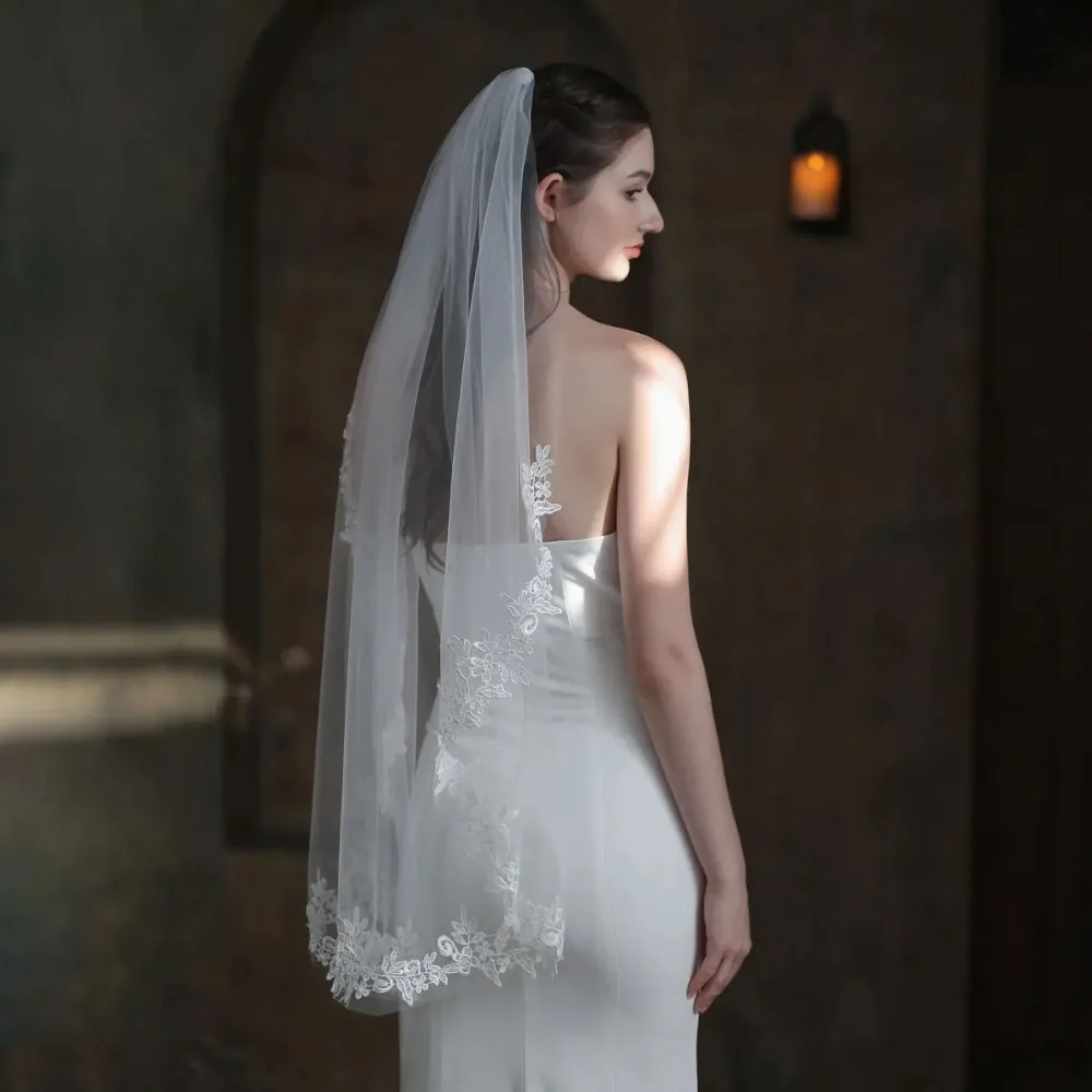 

Lace Elegant Wedding Veils One Layer with Appliques Finger Length Broidal Veils Marrige Accessories