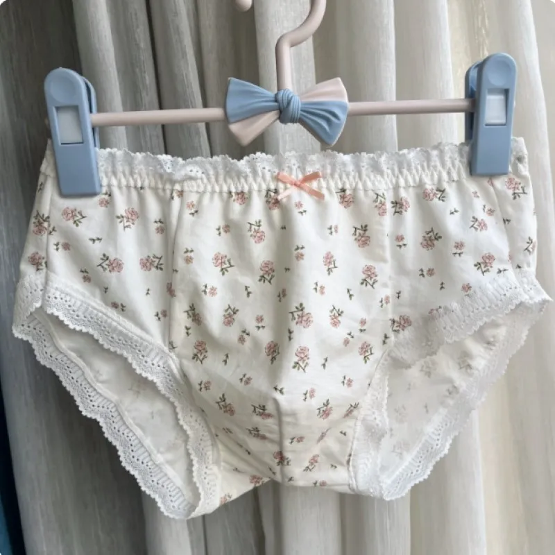M-5XL Men's Underwear Cute Comfort Briefs Fashion Lace Floral Panties Med Waist Convex Pouch Underpants Cross-dressing Lingerie