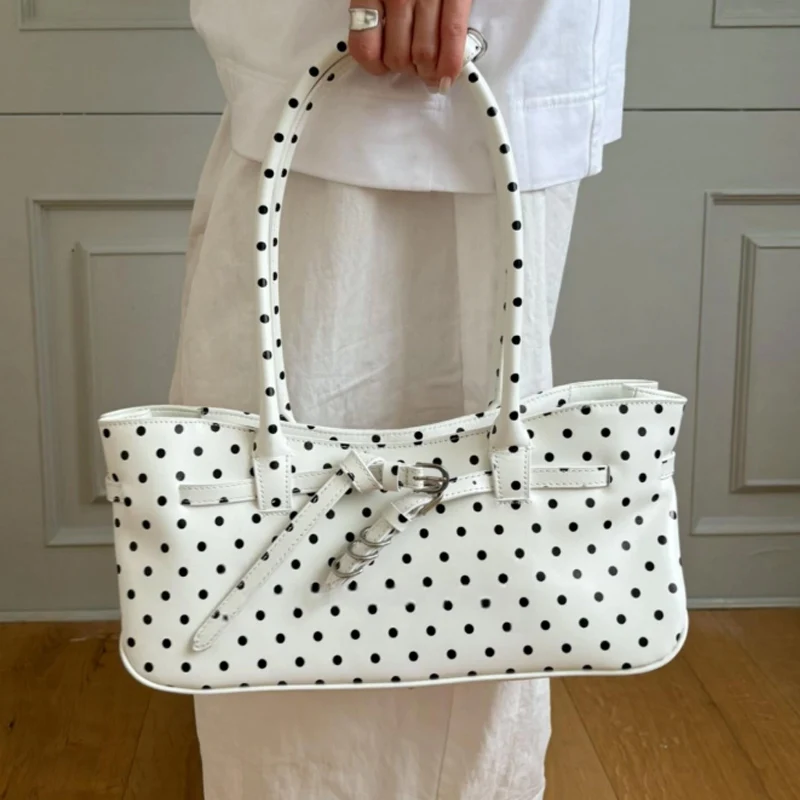2026 New Black and White Polka Dot Underarm Bag Single Shoulder Bag Large Capacity Commuter Leather Buckle Design Tote Bag