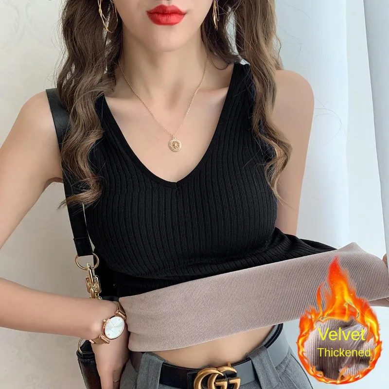 

Thermal Vest Women Sleeveless Slim with Bra V-neck Inner Wear Bottoming Clothing Solid Inner Wear Thickened Cold Basic Vest