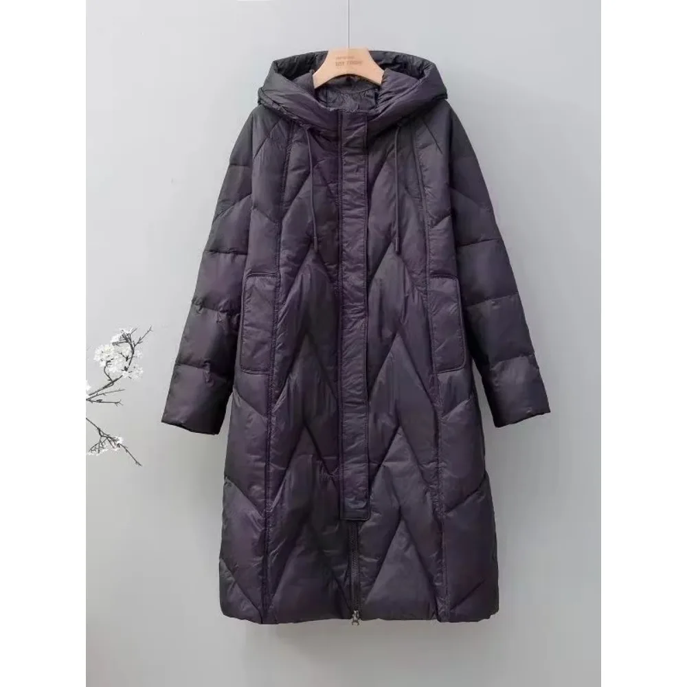 2024 Winter Fashion New Lady Loose Long Coat White Duck Down Jacket Women Overcoat Winter Hooded Puffer Feather Parkas Female