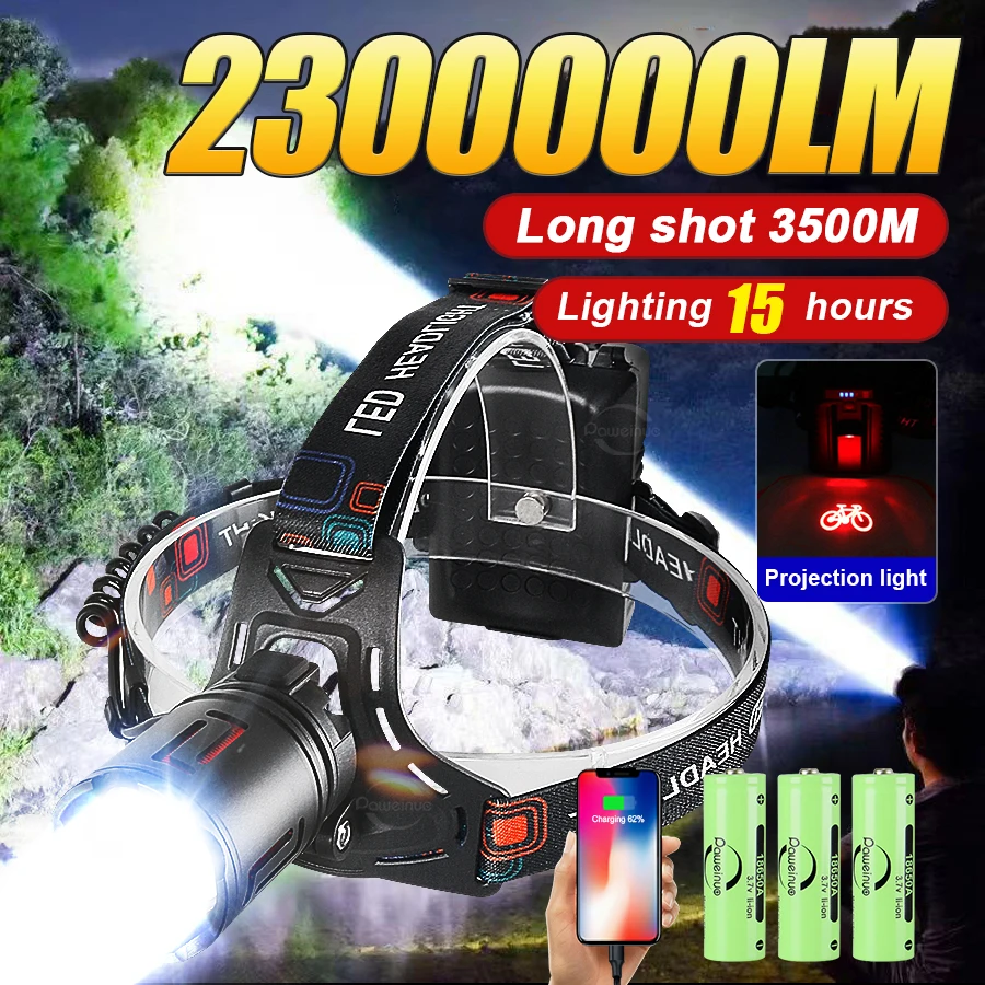

Strong Light LED Headlight 2300000LM Rechargeable Lamps With Warning Light Outdoor Headlamp Powerful Lights For Fishing Camping