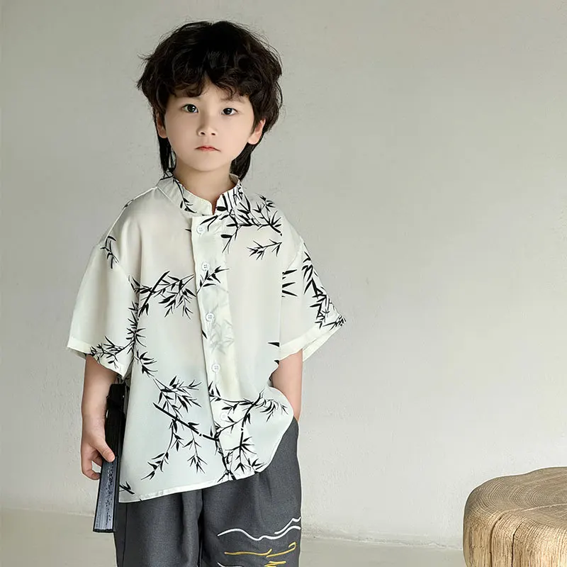 Boys' Shirt 2025 Spring Summer Korean Edition Children's Short Sleeved Western Style Bamboo Leaf Shirt Trendy