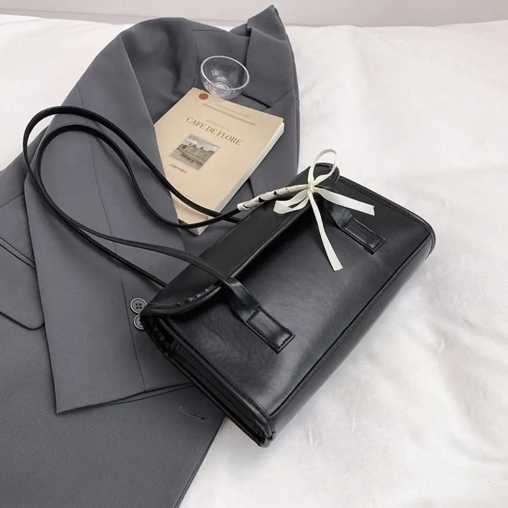 العصرية الحلو Y2k القوس أشرطة حقيبة كتف سعة كبيرة بولي Leather جلد الفتيات حقيبة يد بلون المحمولة تحت الإبط عادية