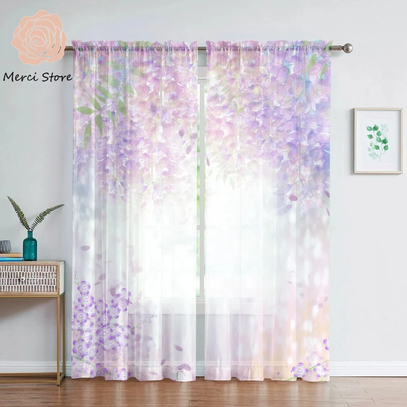 

Watercolor Floral Sheer Curtains for Living Room Dining Room Bedroom Kitchen Window Transparent Tulle Drapes Filtering Decor