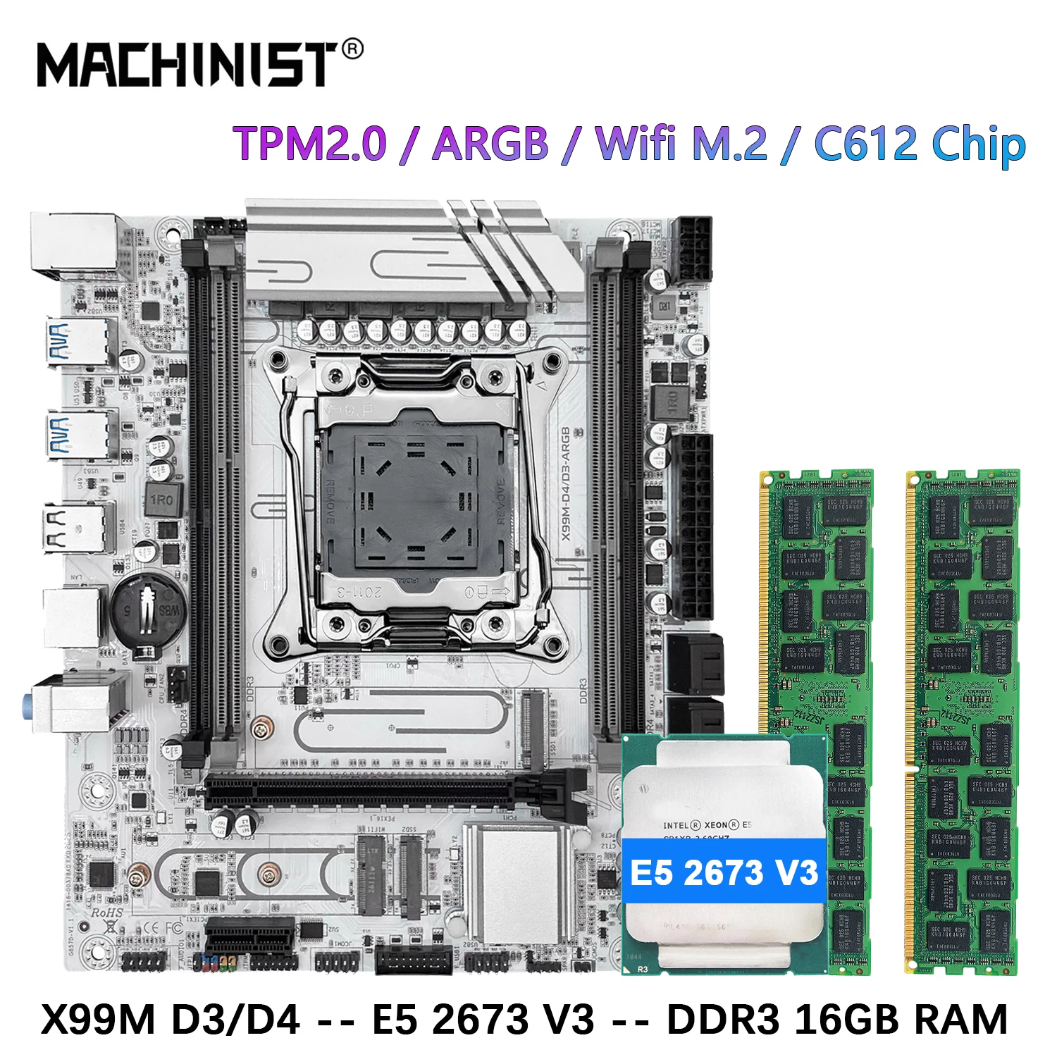 MACHINIST X99 Motherboard Xeon E5 2673 V3 LGA 2011-3 CPU DDR3 16GB RAM Support TPM2.0 ARGB C612 Chip DDR4/DDR3 Slot X99M D3/D4