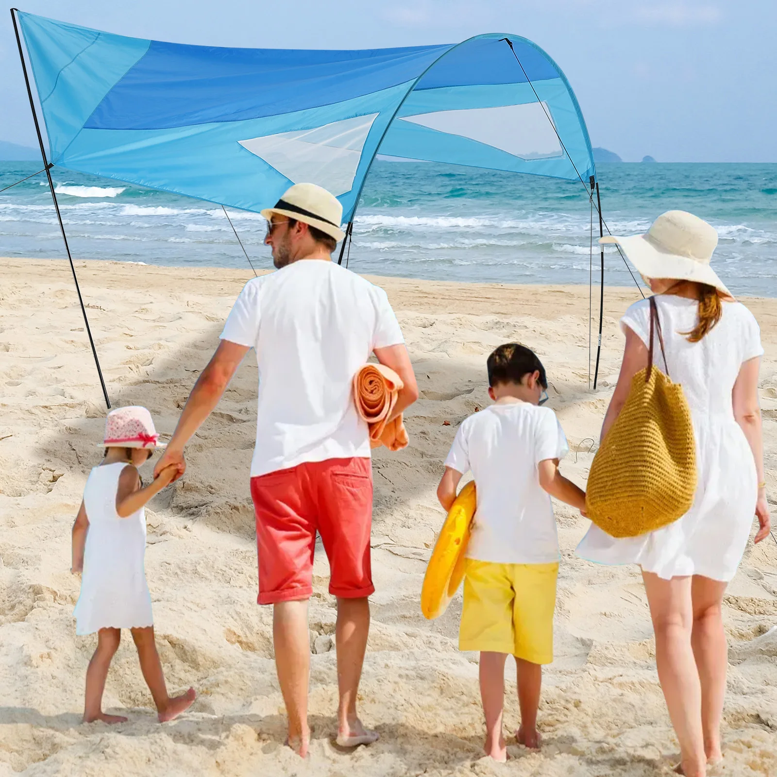 Beach Sunshade Sun Shelter Trip Tent Sky Blue Beach Tunnel Canopy Easy to Carry Install In 3 Minutes Reinforced Corner 3x3x2.4m