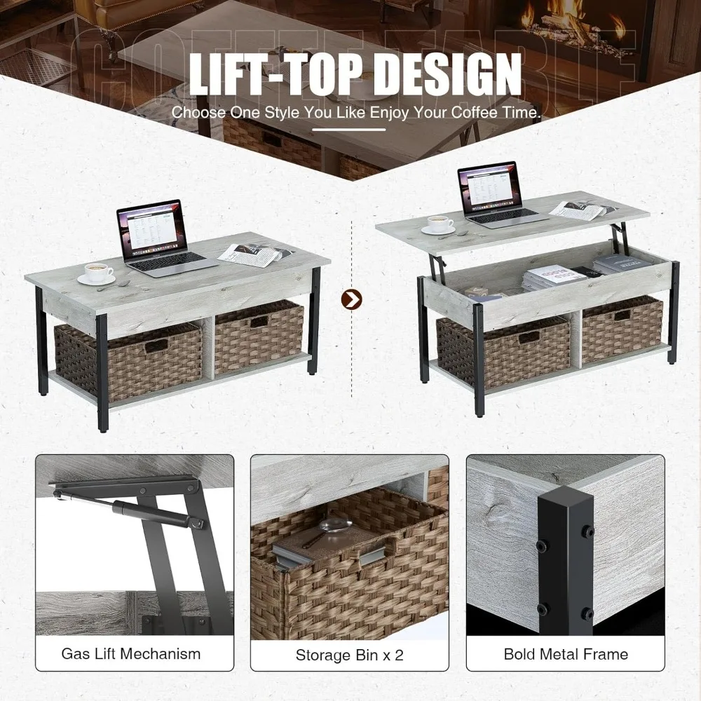 Table Basse artificiel évatrice en Bois avec Compartiment de Rangement Dissimulé, Idéal pour le Salon