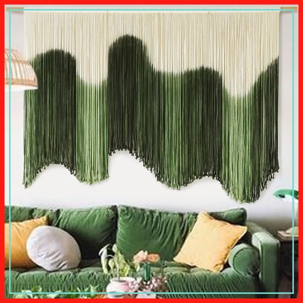 

Large Macrame Wall Hanging, Green Fiber Dip-Dyed, 57"W x 39"L, Boho Art for Bedroom Living Room Fireplace