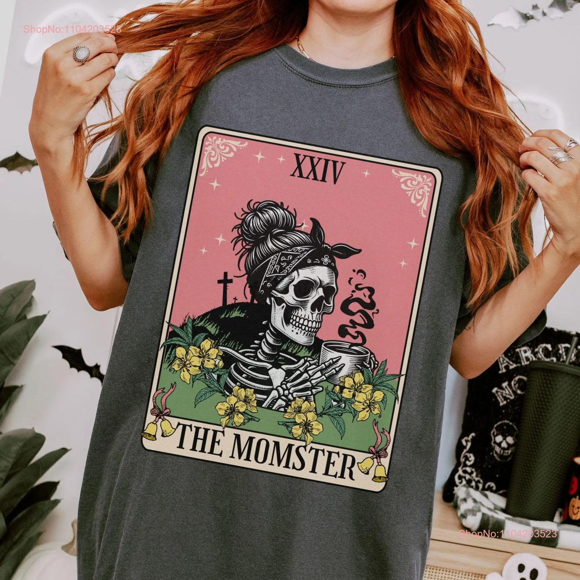 The Momster Tarot Card Comfort Color shirt halloween gift for mom skeleton drinking coffee T women funny tee