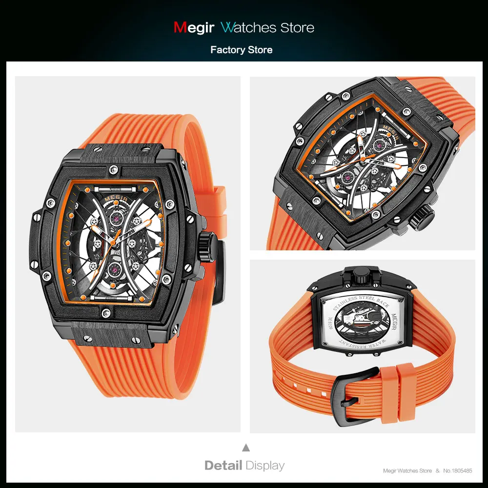 MEGIR Fashion Analog Quartz Watch Men Tonneau Dial Waterproof Military Sport Wristwatch with Luminous Hands Orange Silicone Band