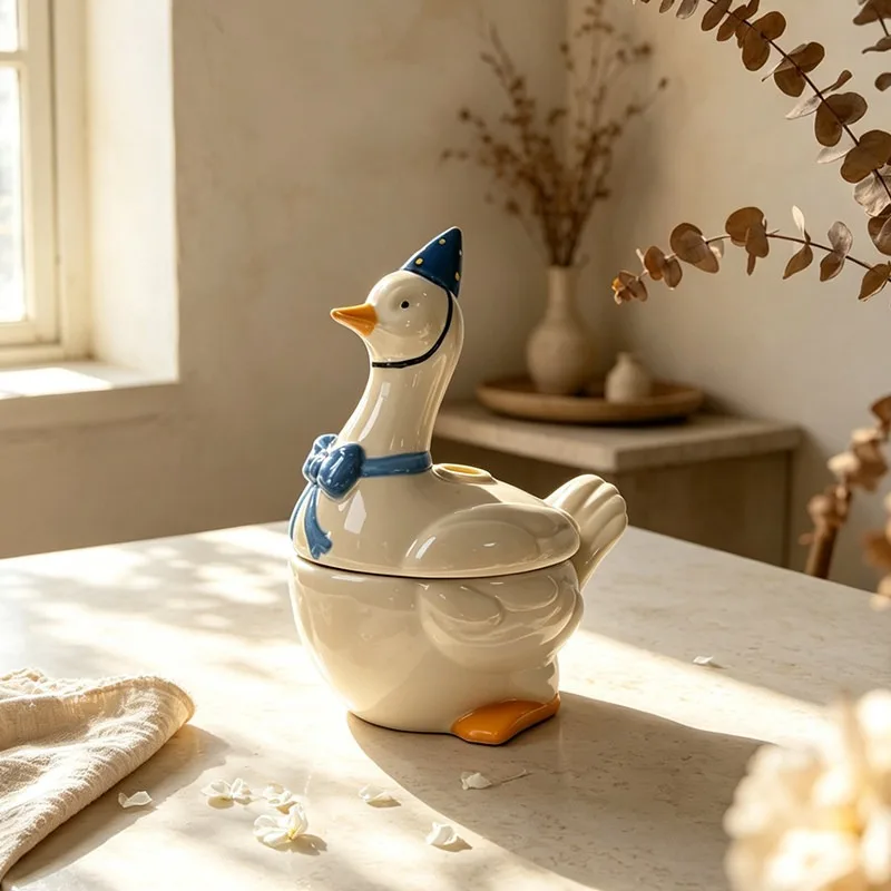 Big White Goose Ceramic Soup Bowl with Lid Noodle Bowl Entrance Storage Box Cosmetic Jewelry Porcelain Storage Bowl