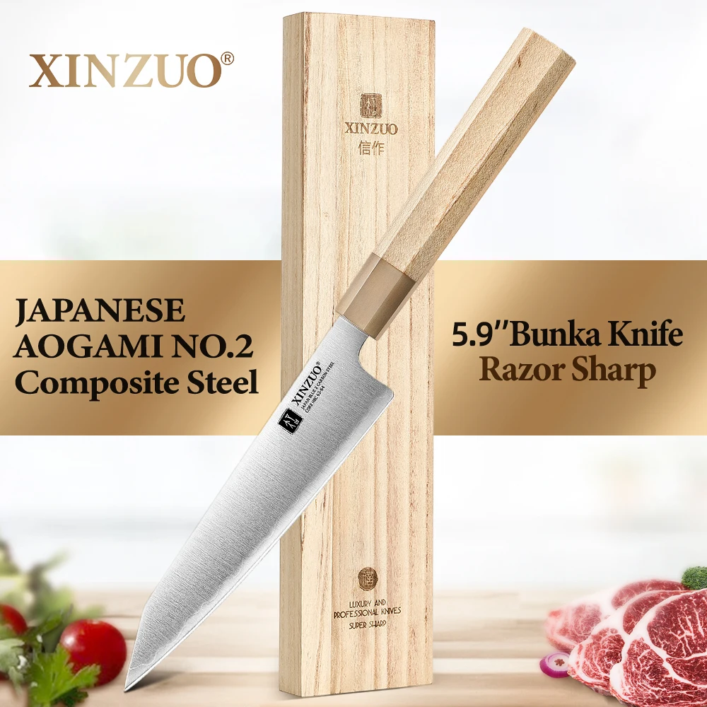 XINZUO 5.9‘’ inch Kiritsuke Knife Blue Steel No.2 Composite Steel Slicing Knife  Long-Lasting Sharp for Meat Vegetable Cutting