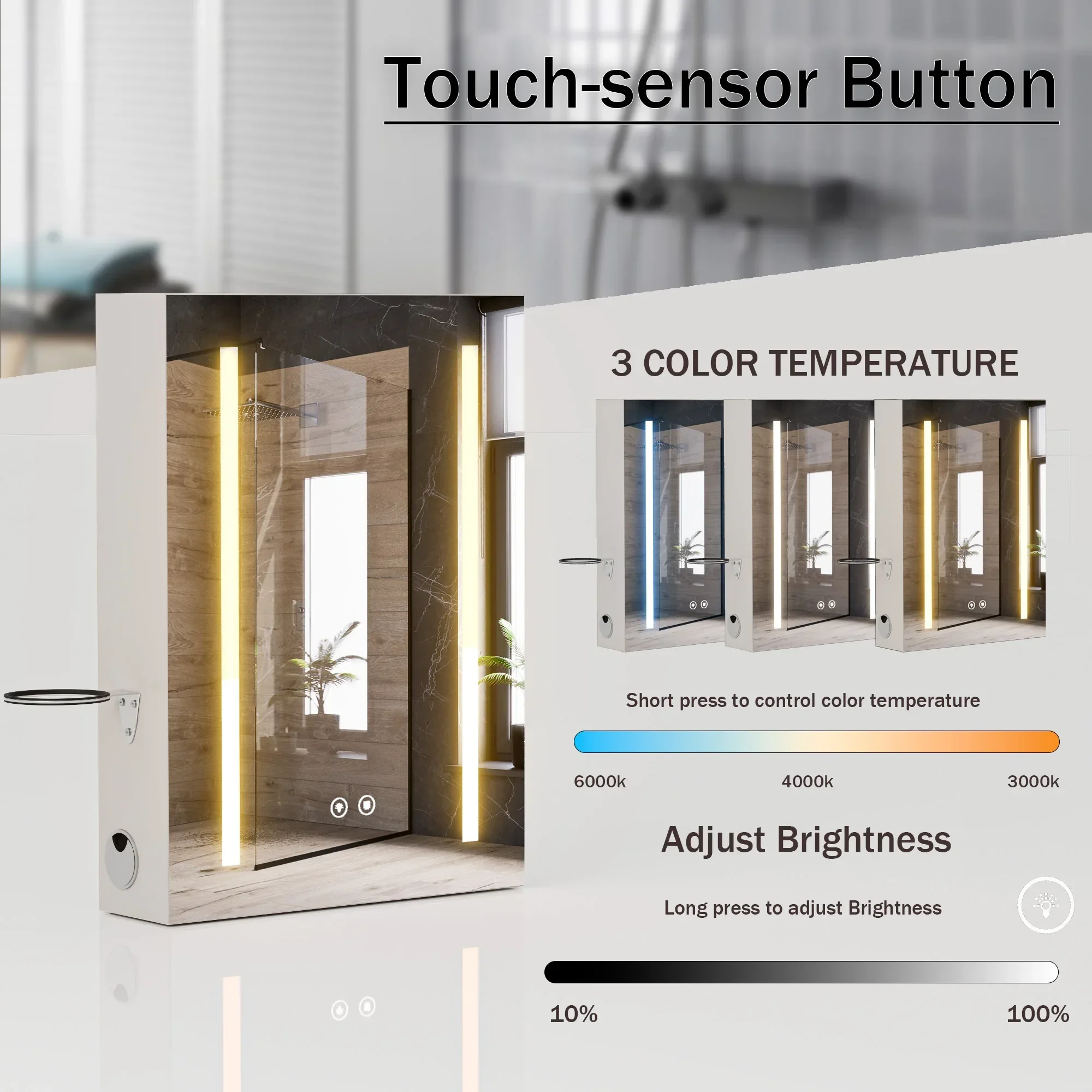UK Plug Fog-Free Bathroom Mirror Cabinet with Adjustable Shelves LED Lighting /3 Color Temperatures/Charging Ports (1 AC/2 USB)