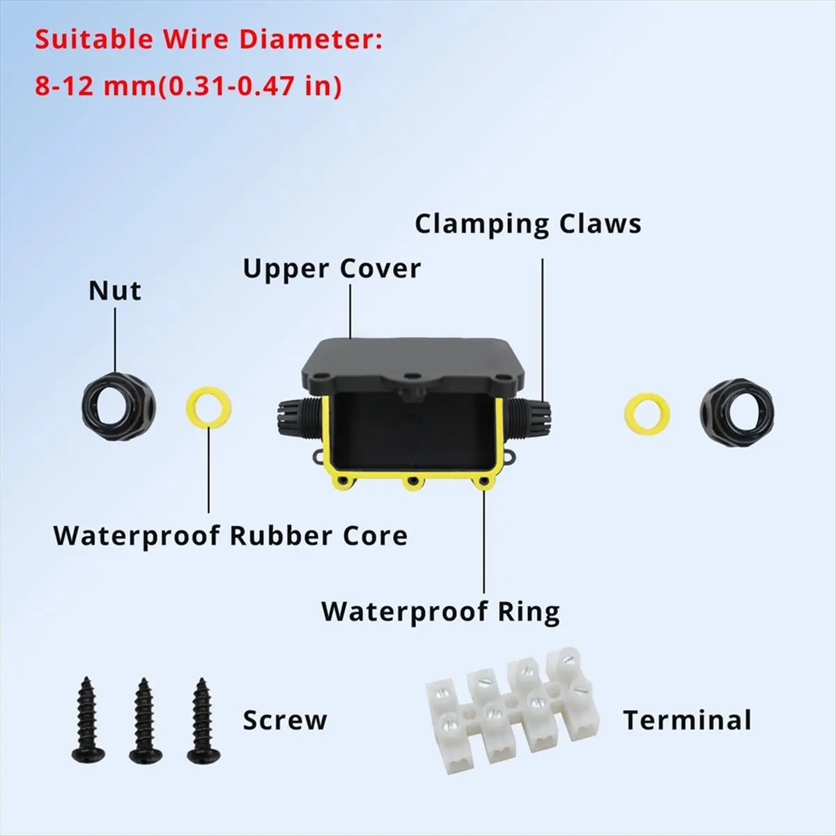 (BABQ) External Junction Box IP68,2 Way Clamshell-Type Underground Electrical Box with Terminal Block Airtight Plastic Box