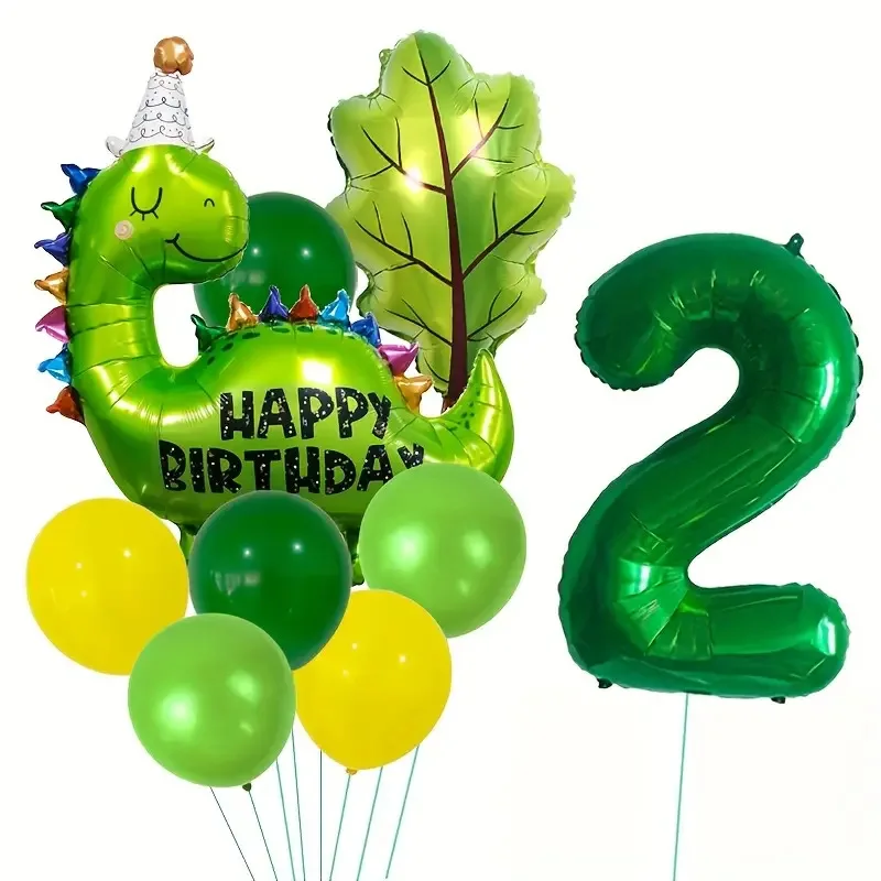 9 Uds. Globo de aluminio con números temáticos de dinosaurio verde de dibujos animados bonitos para Baby Shower, globo decorativo para fiesta de cumpleaños